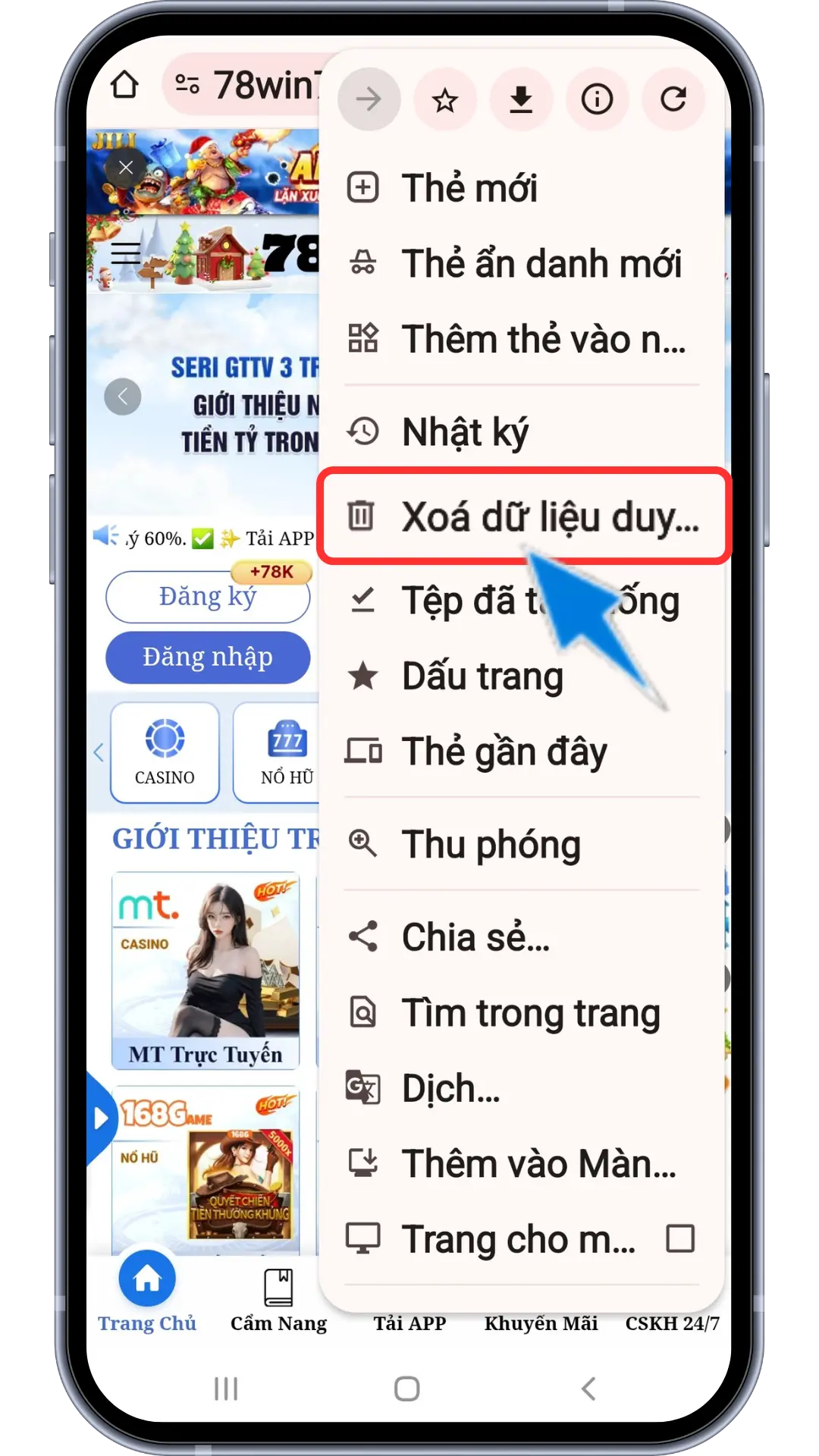 Bước 2 : Chọn Xóa Dữ Liệu Web